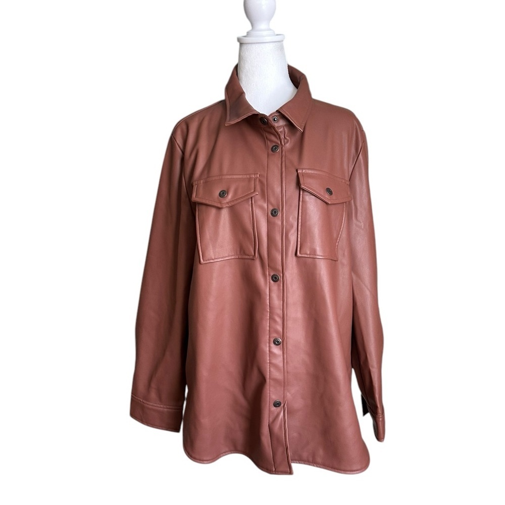 Kensie Vegan Leather Jacket Womens L Redwood Brown Button Up Lightweight NWT